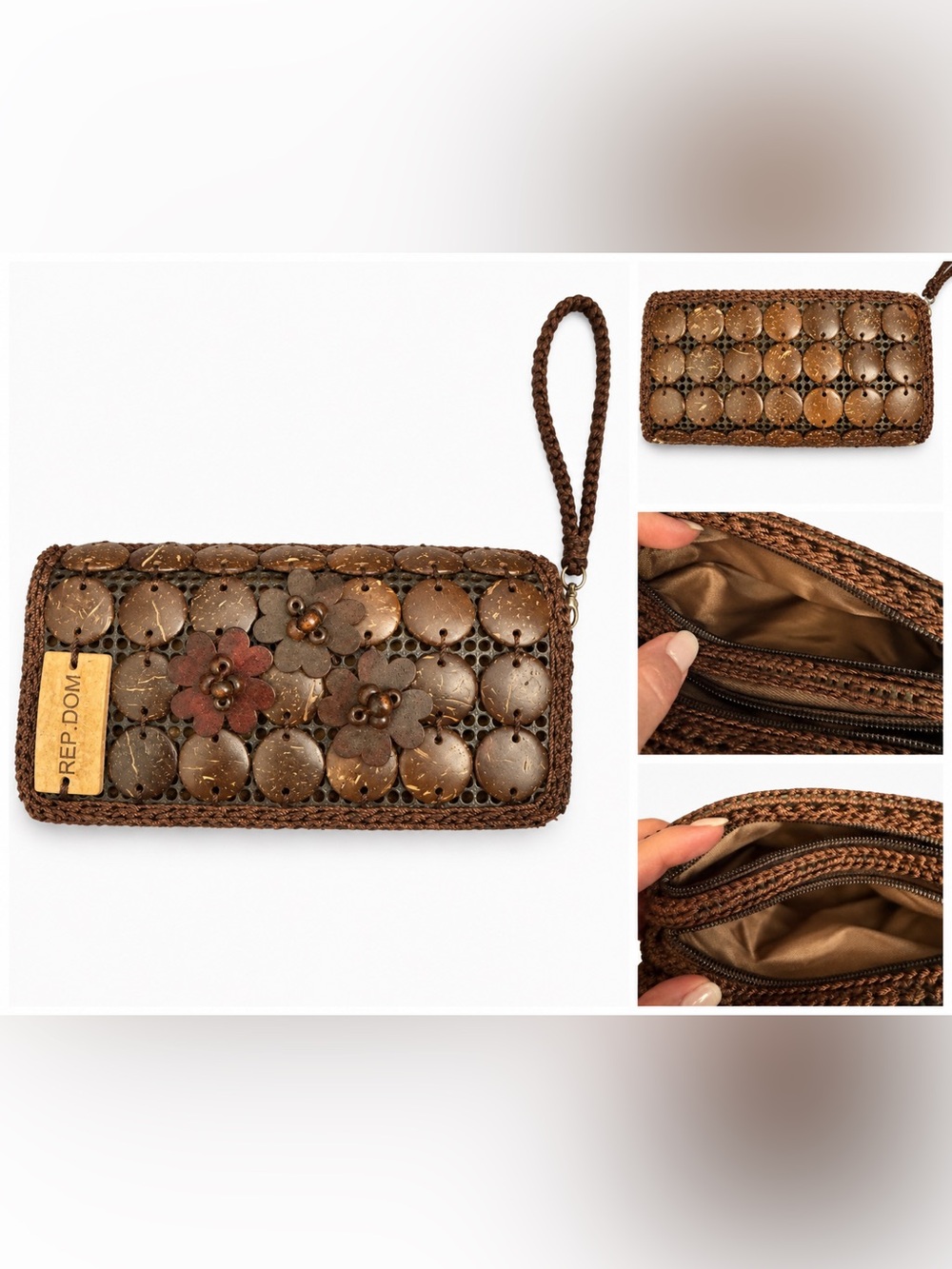Handmade Coconut Shell Floral Wristlet Wallet Brown Zip Clutch Boho